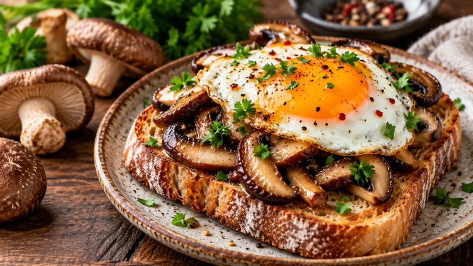 Shiitake s vejcem na toastu Snídaně z pěti surovin, kterou zvládnete za deset minut